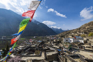 Historical village of Marpha and prayer flags, Jomsom, Himalayas, Nepal, Asia - RHPLF26162