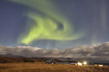 Northern Lights (Aurora Borealis) over countryside around the village of Hellnar, in Snaefellsjokull National Park, on the Snaefellsnes peninsula, west coast of Iceland, Polar Regions - RHPLF26203