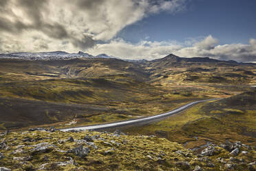 The mountains and snows of Snaefellsjokull, mountain at the heart of Snaefellsjokull National Park, seen from Valafell mountain pass, near the town of Olafsvik, Snaefellsnes peninsula, west coast of Iceland, Polar Regions - RHPLF26224