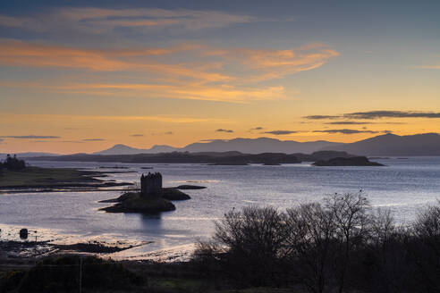 Sunset over Castle Stalker and Loch Linnhe, Argyll, Scotland, United Kingdom, Europe - RHPLF26235