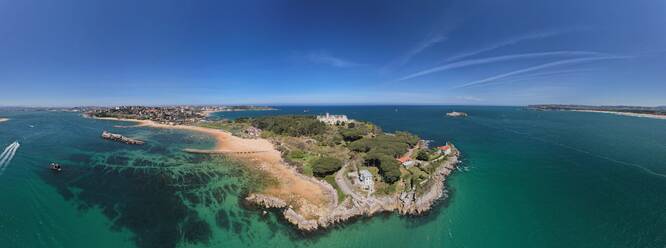 Aerial panoramic view of the Magdalena Peninsula, a 69-acre peninsula near the entrance to the Bay of Santander in the city of Santander, Cantabria, north coast, Spain, Europe - RHPLF26236