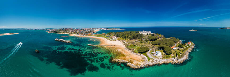 Aerial drone panoramic view of Magdalena Peninsula, a 69-acre peninsula near the entrance to the Bay of Santander in the city of Santander, Cantabria, north coast, Spain, Europe - RHPLF26239