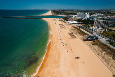 Aerial drone view of Praia de Vilamoura in Vilamoura, looking west, Algarve, Portugal, Europe - RHPLF26242