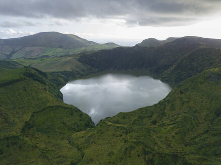 Aerial shot of Caldeira Funda in Flores island, Azores islands, Portugal, Atlantic, Europe - RHPLF26257