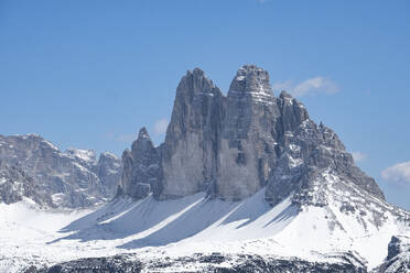 Three peaks of Lavaredo (Tre Cime di Lavaredo) mountains covered by pristine snow, Dolomites, Belluno, Italy, Europe - RHPLF26268