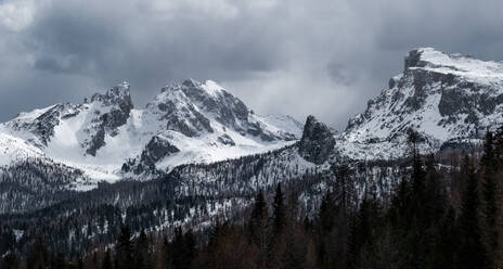 Panorama of Monte Cernera and Ra Gusela mountains at Passo Giau covered by snow, Dolomites, Belluno, Italy, Europe - RHPLF26270