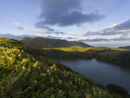 Aerial view of Caldeira Funda lake in Flores Island at sunset, Azores islands, Portugal, Atlantic, Europe - RHPLF26271