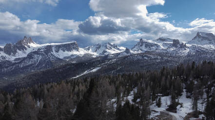 Panorama view of Croda da Lago, Lastoni di Formin, Ra gusela, Nuvolao, Cinque torri and Cortina d'Ampezzo Dolomites mountain covered in pristine snow, Italy, Europe - RHPLF26272