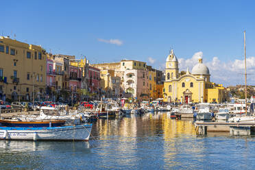 Das bunte Fischerdorf Marina di Procida, Hafen von Procida, Insel Procida, Tyrrhenisches Meer, Bezirk Neapel, Golf von Neapel, Region Kampanien, Italien, Europa - RHPLF26296