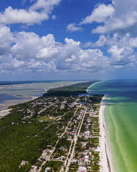 Aerial view of El Cuyo with Playa El Cuyo, a long coastline peninsula with beaches in Tizimín, Yucatan, Mexico. - AAEF20568