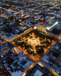 Aerial view of Plaza Principal (Grand Plaza) the main square in front of San Ildefonso Cathedral in Merida, Yucatan, Mexico. - AAEF20599
