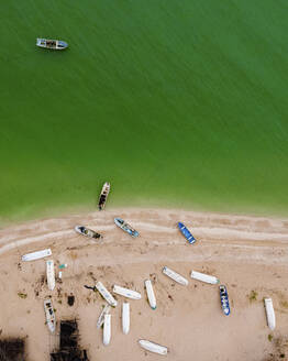 Aerial view of boats on the beach along Kan Balam beach in Celestun, Yucatan, Mexico. - AAEF20607