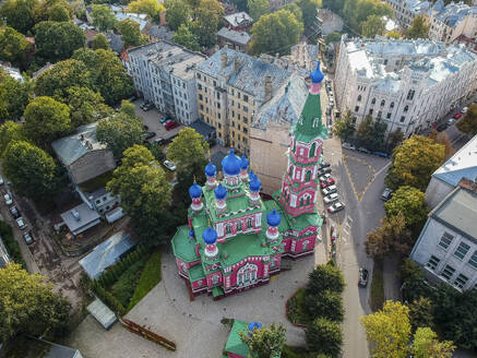 Aerial view of the Svetas coloured orthodox church in Riga downtown, Latvia. - AAEF20651