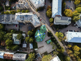 Aerial view of the Svetas coloured orthodox church in Riga downtown, Latvia. - AAEF20652