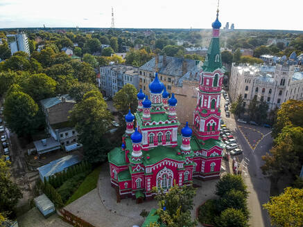 Aerial view of the Svetas coloured orthodox church in Riga downtown, Latvia. - AAEF20653