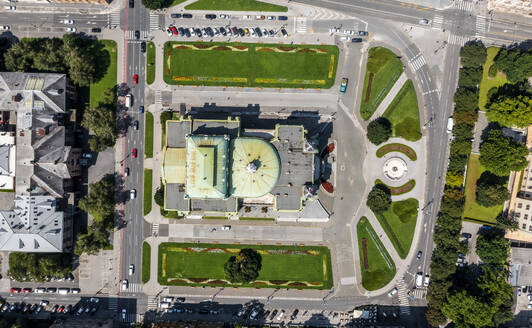 Aerial view of the Croatian National Theatre in Zagreb old town, Croatia. - AAEF20657