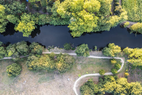 Aerial view of autumn colours foliage of a forest along Rio Ave, a river in Braga state, Portugal. - AAEF20671