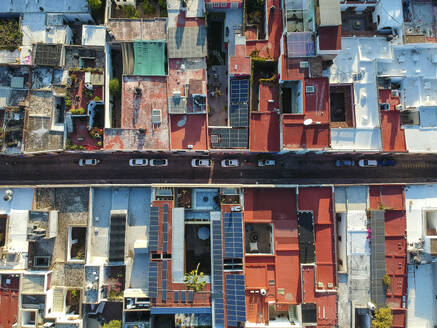 Aerial view of a residential district with house blocks and colourful rooftop in Santiago de Queretaro, Mexico. - AAEF20697