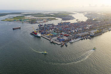 Aerial view of Lagos Port with ships docked at the harbour, Nigeria. - AAEF20699