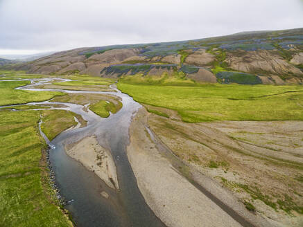 Aerial view of valley Laxardalur with river and mountain Tindastoll, north Iceland. - AAEF20780
