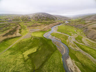 Aerial view of valley Laxardalur with river and mountains, north Iceland. - AAEF20781