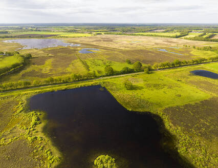 Luftaufnahme von Grünland, Seen und Heidekraut im Naturerholungsgebiet Scharreveld, Westerbork, Drenthe, Niederlande. - AAEF20789