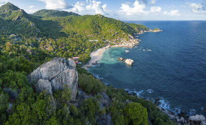 Panoramic aerial view of Tanote bay and granite boulder outcrop, Ko Tao, Thailand. - AAEF20819