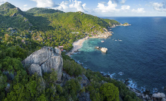 Panoramic aerial view of Tanote bay and granite boulder outcrop, Ko Tao, Thailand. - AAEF20819