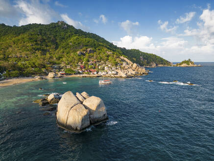 Aerial view of granite boulder in the sea in Tanote bay, Ko Tao, Thailand. - AAEF20820