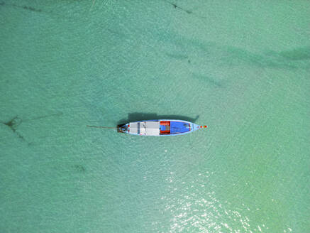 Aerial view of longtail boat on Sairee beach on Ko Tao island, Thailand. - AAEF20856