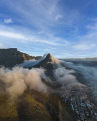 Panoramic aerial view of the Table Mountain with low clouds, Cape Town, Western Cape, South Africa. - AAEF20948