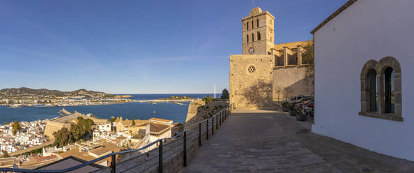 View of Cathedral overlooking harbour and sea, UNESCO World Heritage Site, Ibiza Town, Eivissa, Balearic Islands, Spain, Mediterranean, Europe - RHPLF26315
