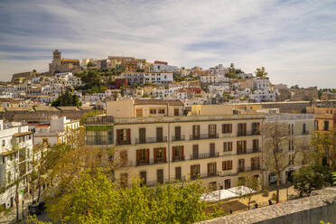 Elevated view of Cathedral, Vara de Rei Square and Dalt Vila, UNESCO World Heritage Site, Ibiza Town, Eivissa, Balearic Islands, Spain, Mediterranean, Europe - RHPLF26320