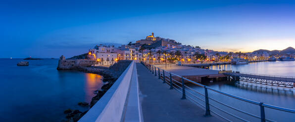 View of Cathedral and Dalt Vila from harbour at dusk, UNESCO World Heritage Site, Ibiza Town, Eivissa, Balearic Islands, Spain, Mediterranean, Europe - RHPLF26326