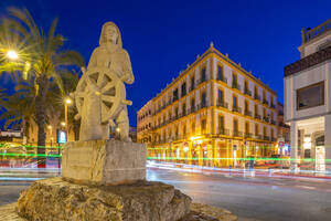 View of Monument a la Gent de la Mar near harbour at dusk, UNESCO World Heritage Site, Ibiza Town, Eivissa, Balearic Islands, Spain, Mediterranean, Europe - RHPLF26327