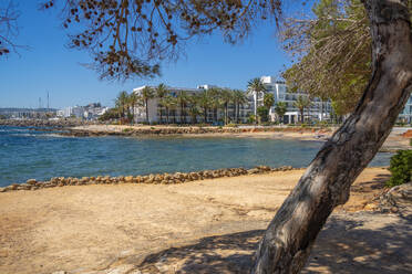 View of beach at Cala Nieves overlooking Santa Eularia des Riu, Ibiza, Balearic Islands, Spain, Mediterranean, Europe - RHPLF26329