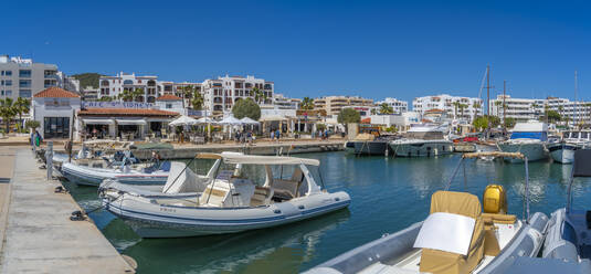 View of boats and restaurants in Marina Santa Eulalia, Santa Eularia des Riu, Ibiza, Balearic Islands, Spain, Mediterranean, Europe - RHPLF26330