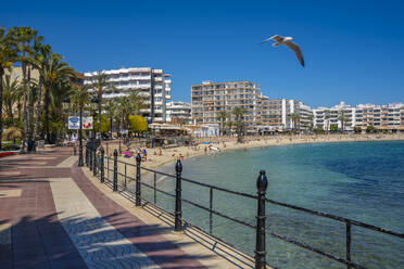 View of promenade and Playa De Santa Eulalia, Santa Eularia des Riu, Ibiza, Balearic Islands, Spain, Mediterranean, Europe - RHPLF26333