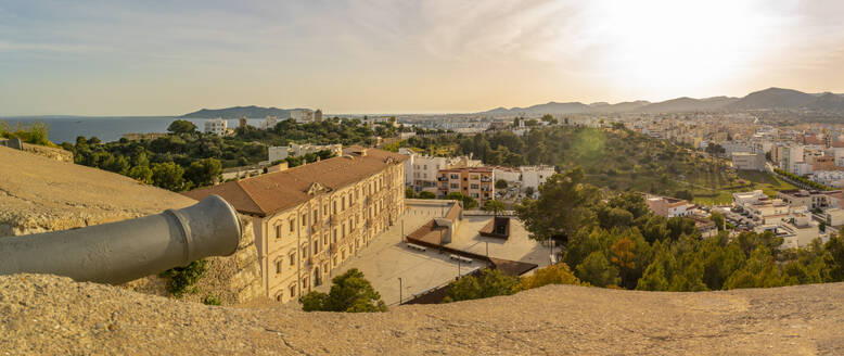 Elevated view of city defence walls and Ibiza Town, UNESCO World Heritage Site, Ibiza Town, Eivissa, Balearic Islands, Spain, Mediterranean, Europe - RHPLF26339