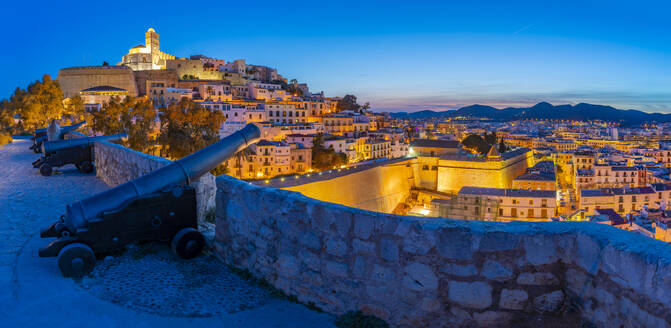 View of Bastion, cannons, ramparts, Cathedral and Dalt Vila old town at dusk, UNESCO World Heritage Site, Ibiza Town, Balearic Islands, Spain, Mediterranean, Europe - RHPLF26347