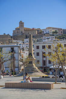 View of Obelisk to the Corsairs in Ibiza Harbour overlooked by Cathedral, Ibiza Town, Eivissa, Balearic Islands, Spain, Mediterranean, Europe - RHPLF26350