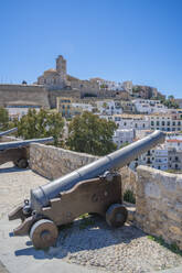 View of cannons, Dalt Vila and Cathedral, UNESCO World Heritage Site, Ibiza Town, Eivissa, Balearic Islands, Spain, Mediterranean, Europe - RHPLF26352