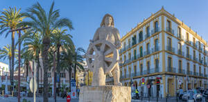 View of Monument a la Gent de la Mar near harbour, UNESCO World Heritage Site, Ibiza Town, Eivissa, Balearic Islands, Spain, Mediterranean, Europe - RHPLF26354