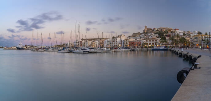View of Cathedral and Dalt Vila overlooking harbour at dusk, Ibiza Town, Eivissa, Balearic Islands, Spain, Mediterranean, Europe - RHPLF26361
