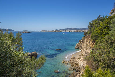 View of hotels overlooking Playa Den Bossa Beach, Ibiza Town, Eivissa, Balearic Islands, Spain, Mediterranean, Europe - RHPLF26366