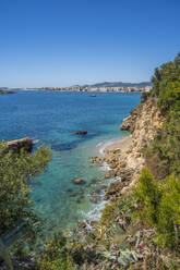 View of hotels overlooking Playa Den Bossa Beach, Ibiza Town, Eivissa, Balearic Islands, Spain, Mediterranean, Europe - RHPLF26367