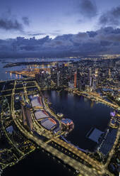 Aerial view of Marina Bay Sands and Singapore City Harbour at night, Singapore, Southeast Asia, Asia - RHPLF26377