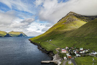 Aerial view of the coastal village of Kunoy and fjord in summer, Kunoy Island, Faroe Islands, Denmark, Europe - RHPLF26428