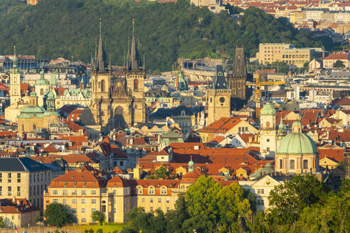 Prague skyline with Church of Our Lady Before Tyn, Old Town Hall Tower, Powder Tower and other spires, Old Town, UNESCO World Heritage Site, Prague, Bohemia, Czech Republic (Czechia), Europe - RHPLF26462