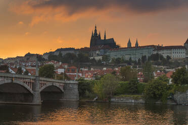 Prague Castle and Manes Bridge at sunset, Prague, Bohemia, Czech Republic (Czechia), Europe - RHPLF26474